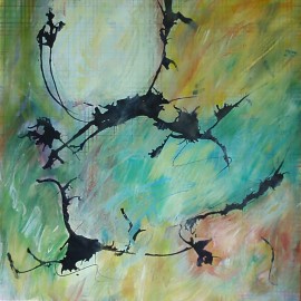abstract painting with bright colors, dark lines, circles