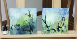 Two small abstract landscape paintings by Karen Koch, Life Needs Art