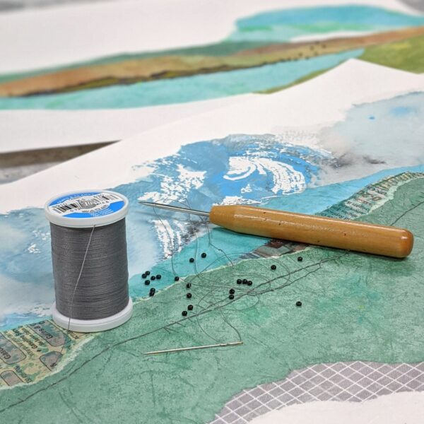 detail of lyrical landscape 3 showing bead, thread, and awl. 